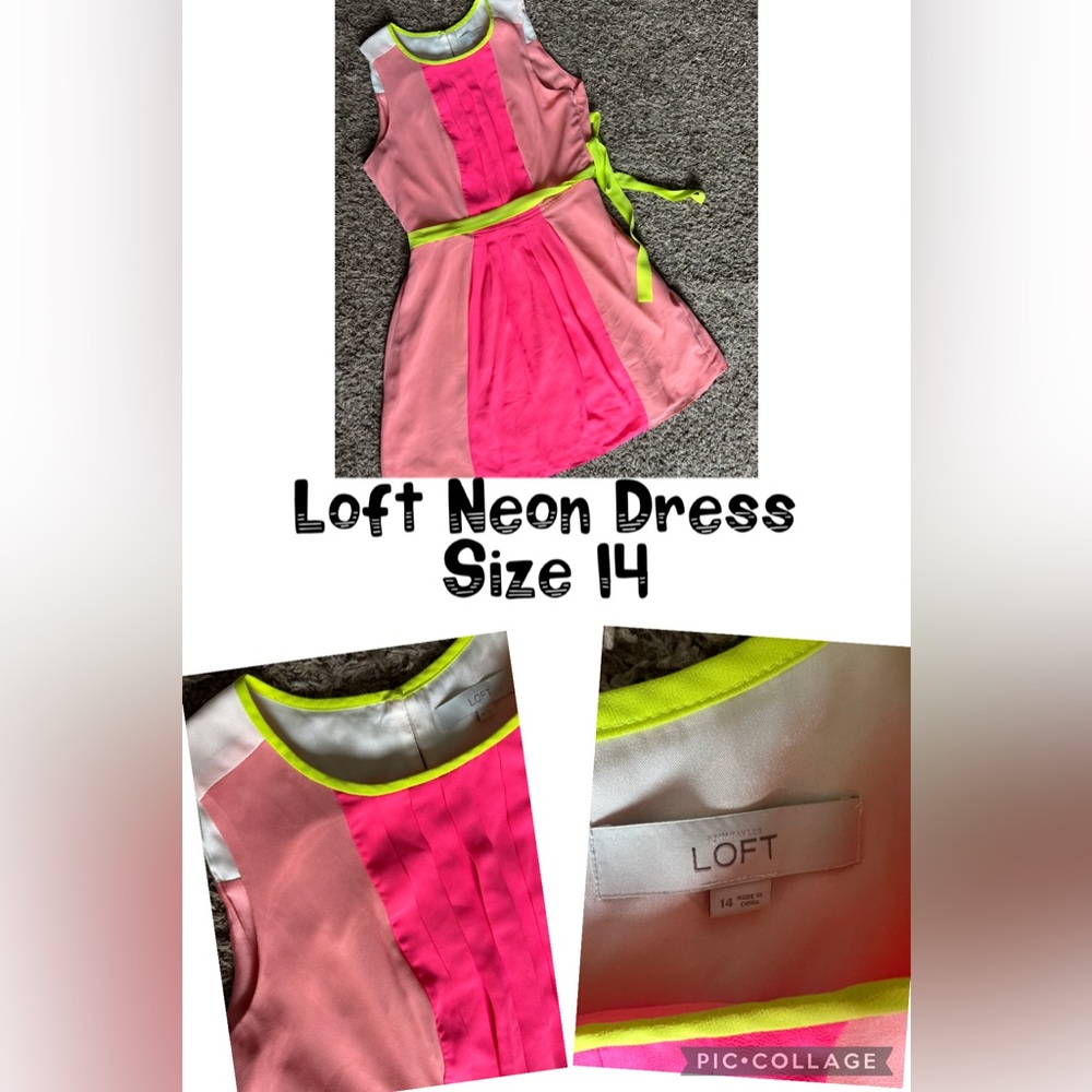 LOFT Gorgeous Vibrant Pink and Neon Green tie waist sleeveless size 14 Dress